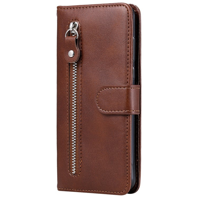 Shockproof Anti-scratch Phone Covering PU Leather Zippered Pocket Phone Case Coin Wallet Stand Folding Case for Realme C21Y/C21/C25Y - Brown