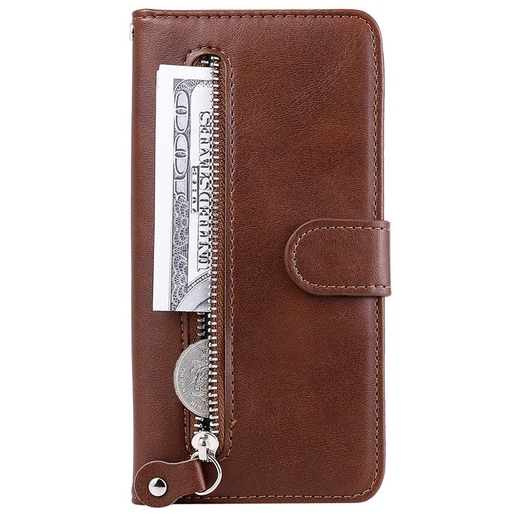 Shockproof Anti-scratch Phone Covering PU Leather Zippered Pocket Phone Case Coin Wallet Stand Folding Case for Realme C21Y/C21/C25Y - Brown
