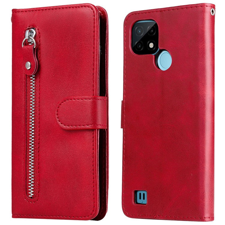 Shockproof Anti-scratch Phone Covering PU Leather Zippered Pocket Phone Case Coin Wallet Stand Folding Case for Realme C21Y/C21/C25Y - Red