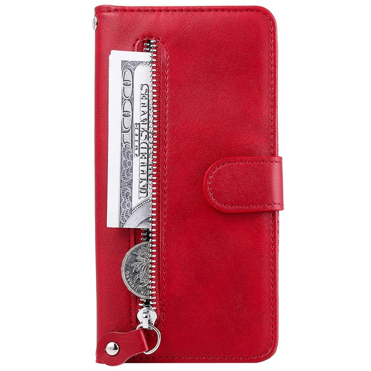 Shockproof Anti-scratch Phone Covering PU Leather Zippered Pocket Phone Case Coin Wallet Stand Folding Case for Realme C21Y/C21/C25Y - Red