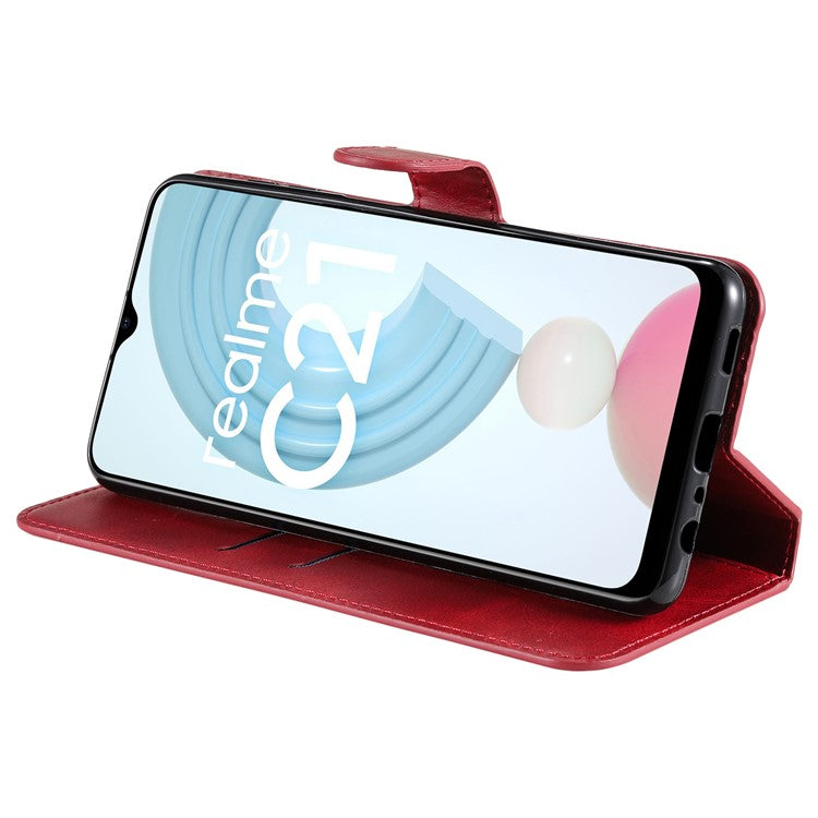 Textured Auto-absorbed Leather Case Magnetic Mobile Phone Full Protective Wallet Cover with Stand for Realme C21Y/C21/C25Y - Red