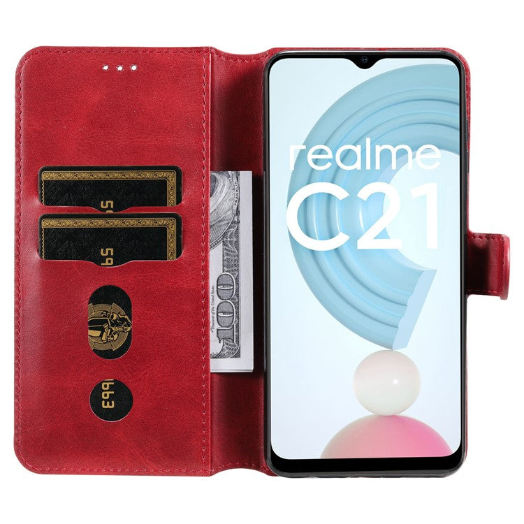 Textured Auto-absorbed Leather Case Magnetic Mobile Phone Full Protective Wallet Cover with Stand for Realme C21Y/C21/C25Y - Red