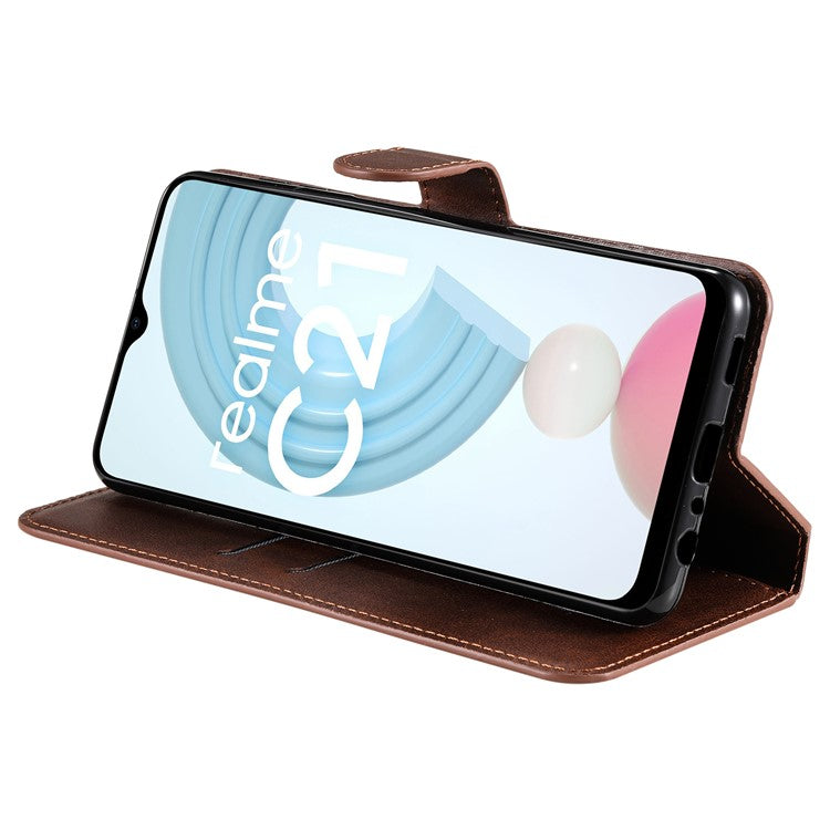 Textured Auto-absorbed Leather Case Magnetic Mobile Phone Full Protective Wallet Cover with Stand for Realme C21Y/C21/C25Y - Brown