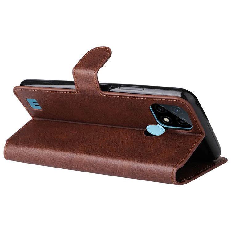 Textured Auto-absorbed Leather Case Magnetic Mobile Phone Full Protective Wallet Cover with Stand for Realme C21Y/C21/C25Y - Brown