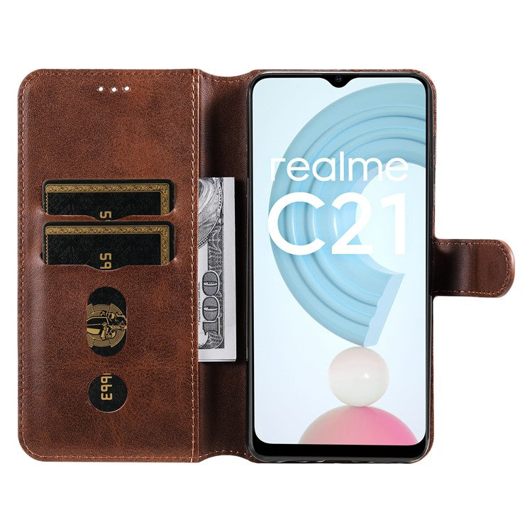 Textured Auto-absorbed Leather Case Magnetic Mobile Phone Full Protective Wallet Cover with Stand for Realme C21Y/C21/C25Y - Brown