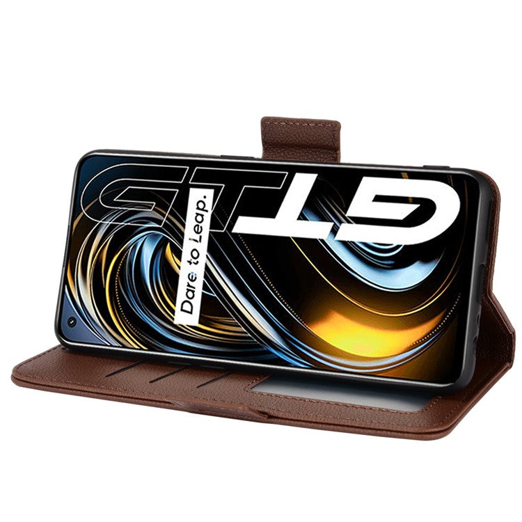 Litchi Texture PU Leather Shockproof Phone Cover Horizontal Stand Wallet Case for Realme GT Neo2T/GT 5G/GT Neo 5G/Q3 Pro 5G - Brown
