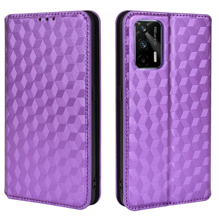 Stand Wallet Design Well-protected 3D Rhombus Imprinting Leather Phone Case Cover for Realme GT Neo2T 5G/GT 5G/GT Neo 5G/Q3 Pro 5G - Purple