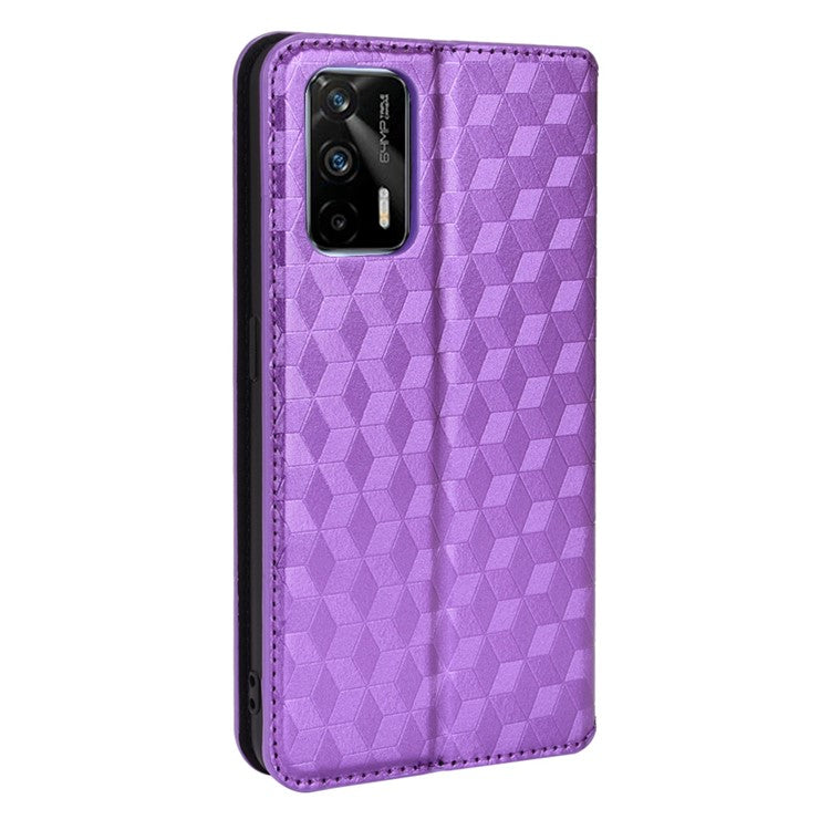 Stand Wallet Design Well-protected 3D Rhombus Imprinting Leather Phone Case Cover for Realme GT Neo2T 5G/GT 5G/GT Neo 5G/Q3 Pro 5G - Purple