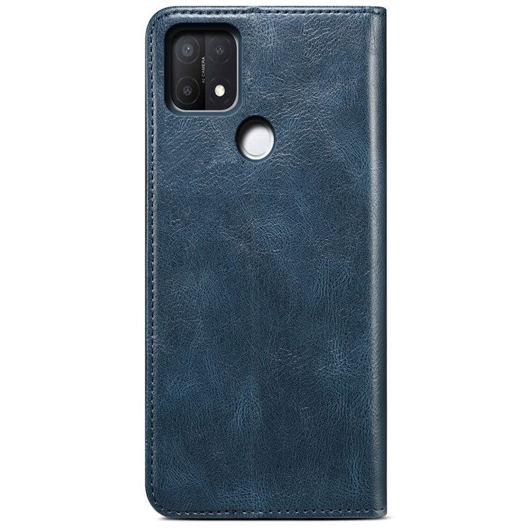 Magnetic Absorption Waxy Crazy Horse Texture PU Leather Wallet Case Stand Phone Cover for Oppo A35/A15/A15s - Blue