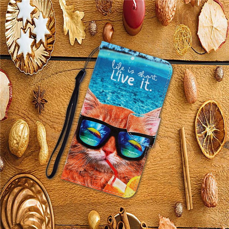 Anti-scratch Drop-proof Pattern Printing Case PU Leather Flip Wallet Cross Texture Stand Cover for vivo Y21/Y21s/Y33s - Cat