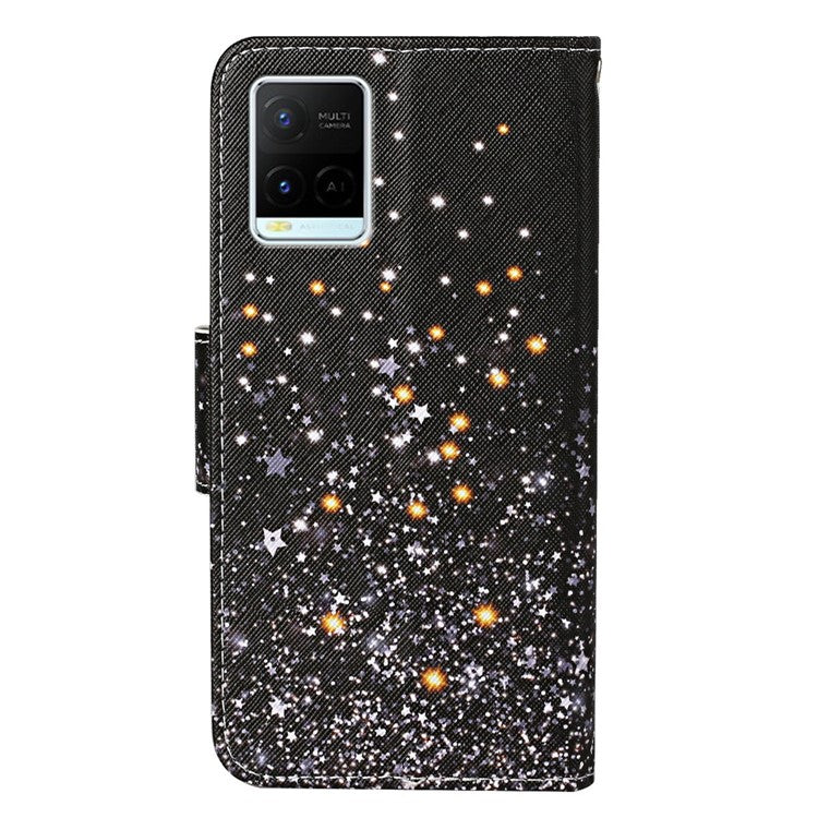 Cross Texture Cover PU Leather Stand Pattern Printing Wallet Case with Handy Strap for vivo Y21 / Y21s / Y33s - Star