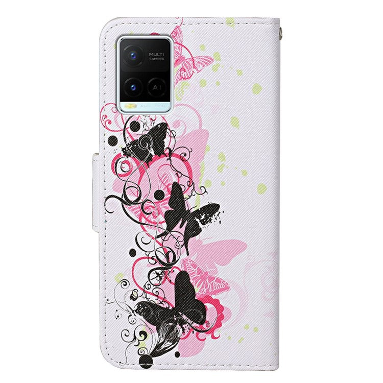 Cross Texture Cover PU Leather Stand Pattern Printing Wallet Case with Handy Strap for vivo Y21 / Y21s / Y33s - Four Butterflies