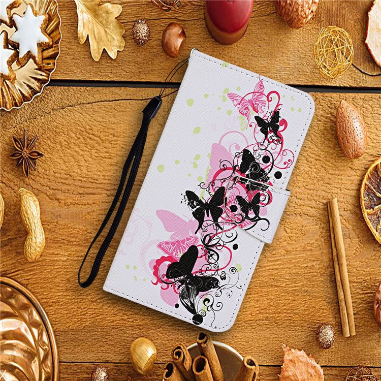 Cross Texture Cover PU Leather Stand Pattern Printing Wallet Case with Handy Strap for vivo Y21 / Y21s / Y33s - Four Butterflies