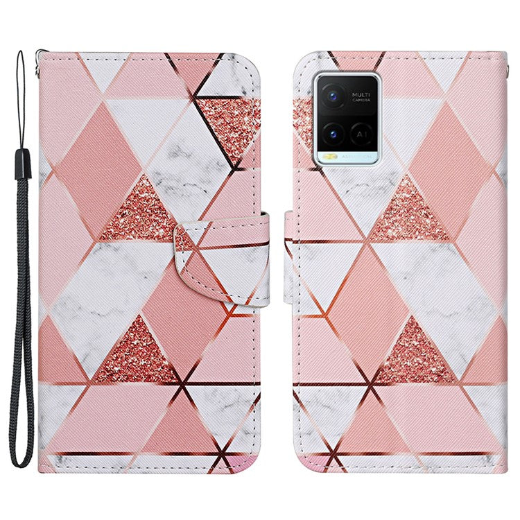 Cross Texture Cover PU Leather Stand Pattern Printing Wallet Case with Handy Strap for vivo Y21 / Y21s / Y33s - Pink / White Marble