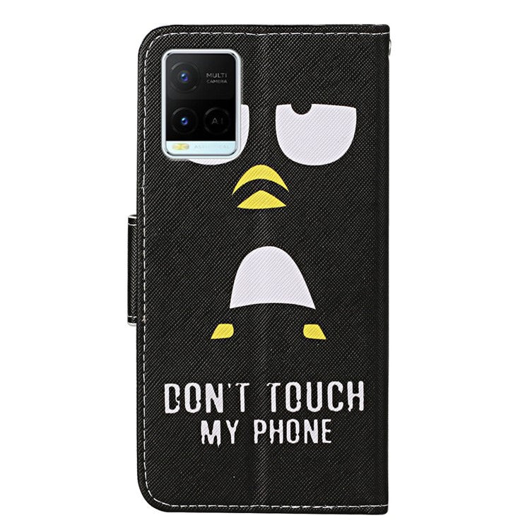 Cross Texture Cover PU Leather Stand Pattern Printing Wallet Case with Handy Strap for vivo Y21 / Y21s / Y33s - Don't Touch My Phone