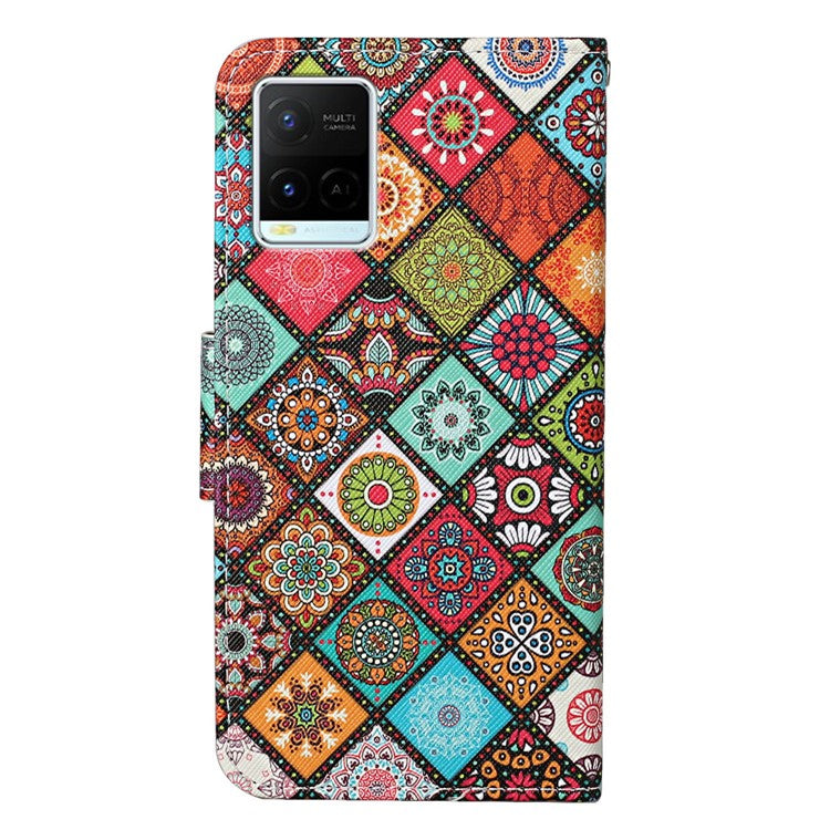 Cross Texture Cover PU Leather Stand Pattern Printing Wallet Case with Handy Strap for vivo Y21 / Y21s / Y33s - Ethnic Style