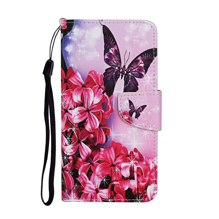 Cross Texture Cover PU Leather Stand Pattern Printing Wallet Case with Handy Strap for vivo Y21 / Y21s / Y33s - Red Flowers / Butterfly