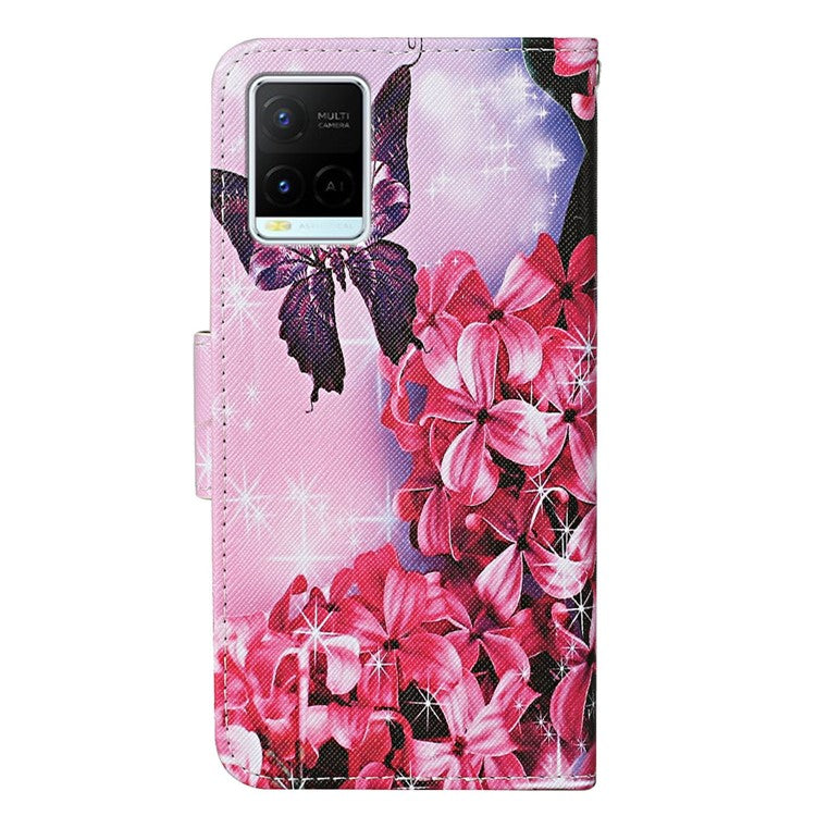 Cross Texture Cover PU Leather Stand Pattern Printing Wallet Case with Handy Strap for vivo Y21 / Y21s / Y33s - Red Flowers / Butterfly