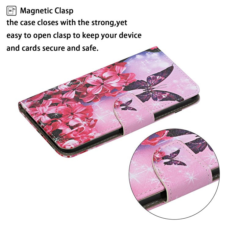Cross Texture Cover PU Leather Stand Pattern Printing Wallet Case with Handy Strap for vivo Y21 / Y21s / Y33s - Red Flowers / Butterfly