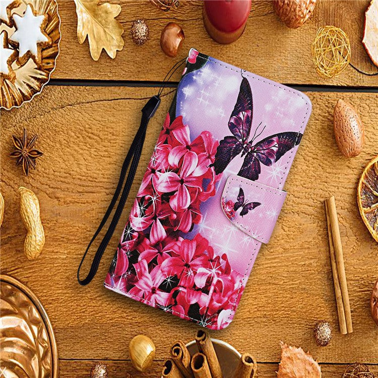 Cross Texture Cover PU Leather Stand Pattern Printing Wallet Case with Handy Strap for vivo Y21 / Y21s / Y33s - Red Flowers / Butterfly