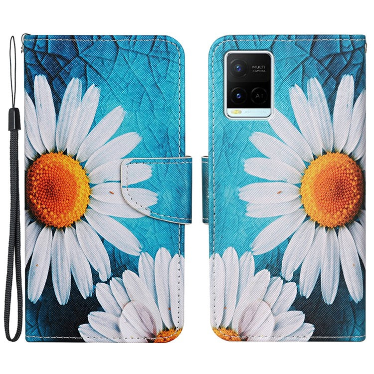 Cross Texture Cover PU Leather Stand Pattern Printing Wallet Case with Handy Strap for vivo Y21 / Y21s / Y33s - Daisies