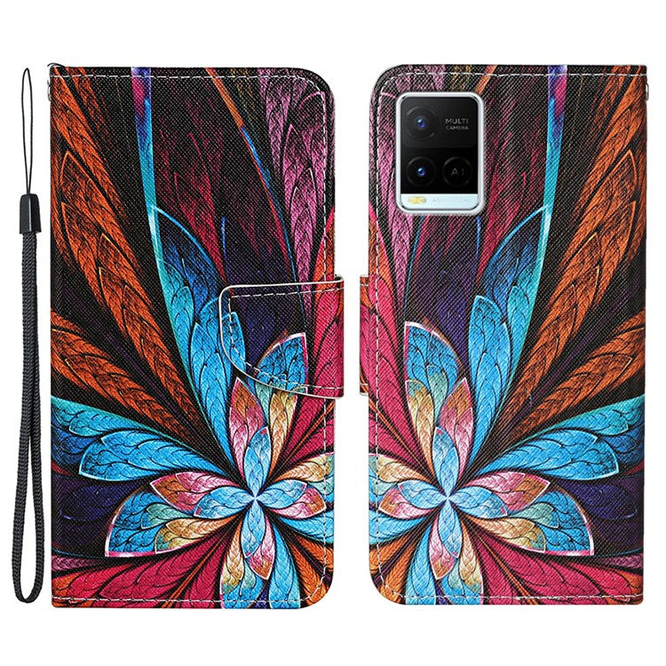 Cross Texture Cover PU Leather Stand Pattern Printing Wallet Case with Handy Strap for vivo Y21 / Y21s / Y33s - Colorful Flower