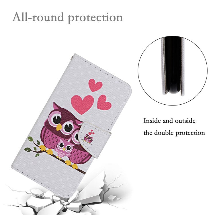 Cross Texture Cover PU Leather Stand Pattern Printing Wallet Case with Handy Strap for vivo Y21 / Y21s / Y33s - Owl Family