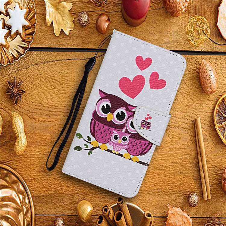 Cross Texture Cover PU Leather Stand Pattern Printing Wallet Case with Handy Strap for vivo Y21 / Y21s / Y33s - Owl Family