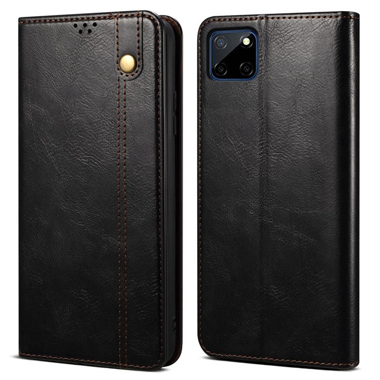 Anti-fall Waxy Crazy Horse Texture PU Leather Wallet Case Stand Magnetic Absorption Phone Cover for Realme C21Y/C25Y - Black