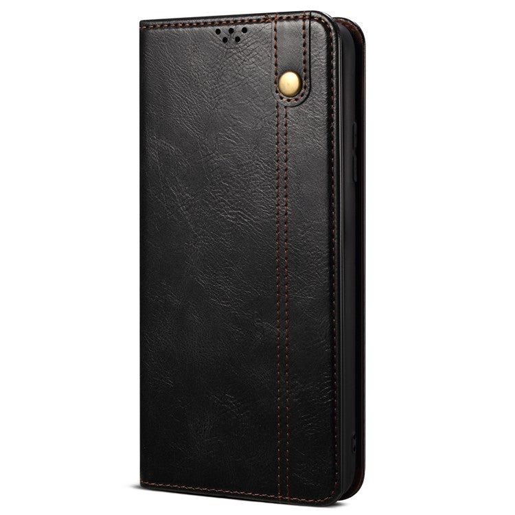 Anti-fall Waxy Crazy Horse Texture PU Leather Wallet Case Stand Magnetic Absorption Phone Cover for Realme C21Y/C25Y - Black