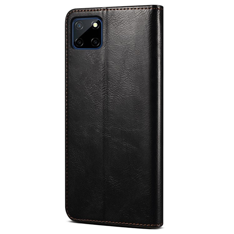 Anti-fall Waxy Crazy Horse Texture PU Leather Wallet Case Stand Magnetic Absorption Phone Cover for Realme C21Y/C25Y - Black