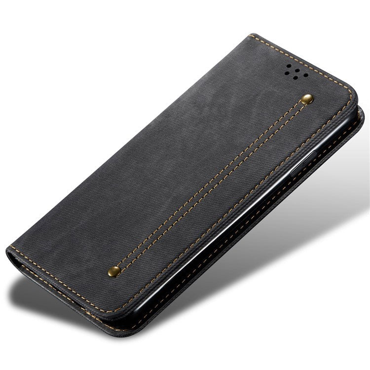 Jeans Cloth Texture Well-protected PU Leather Flip Case Wallet Stand TPU Inner Shell Phone Cover for Realme C21Y/C25Y - Black