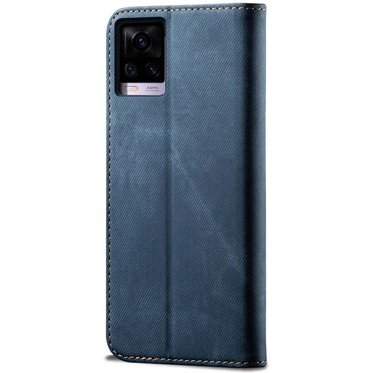 Jeans Cloth Texture Well-protected PU Leather Flip Case Wallet Stand TPU Inner Shell Phone Cover for Realme C21Y/C25Y - Blue