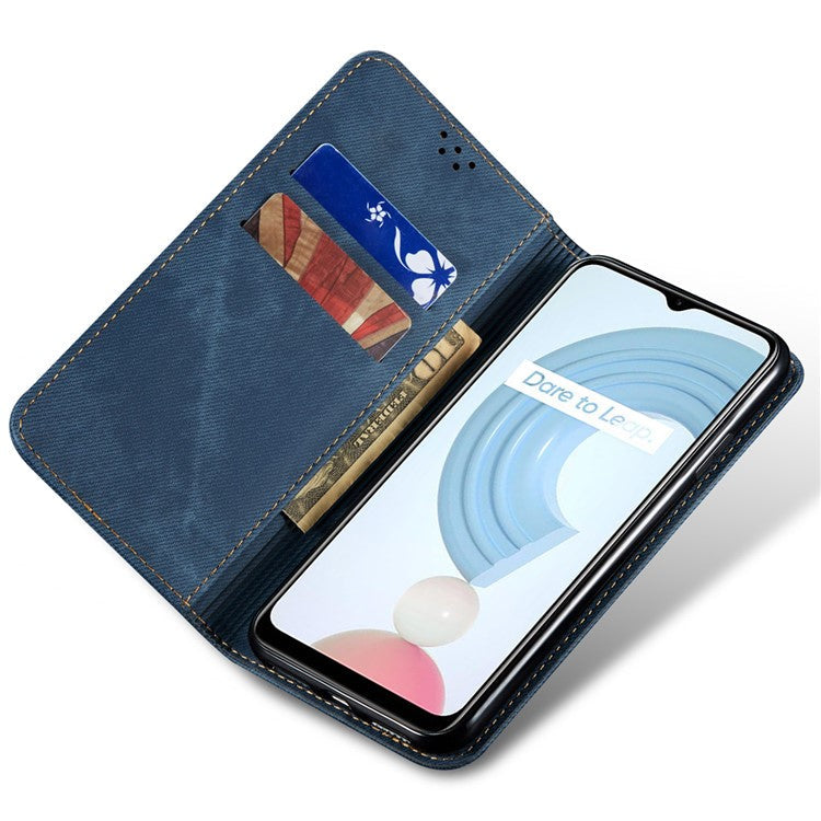 Jeans Cloth Texture Well-protected PU Leather Flip Case Wallet Stand TPU Inner Shell Phone Cover for Realme C21Y/C25Y - Blue