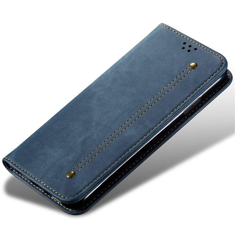 Jeans Cloth Texture Well-protected PU Leather Flip Case Wallet Stand TPU Inner Shell Phone Cover for Realme C21Y/C25Y - Blue