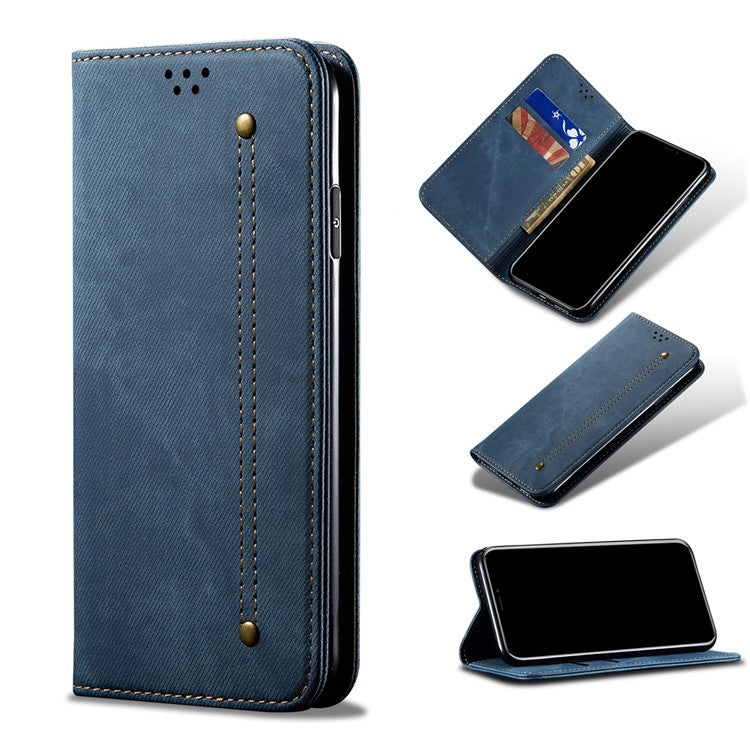 Jeans Cloth Texture Well-protected PU Leather Flip Case Wallet Stand TPU Inner Shell Phone Cover for Realme C21Y/C25Y - Blue