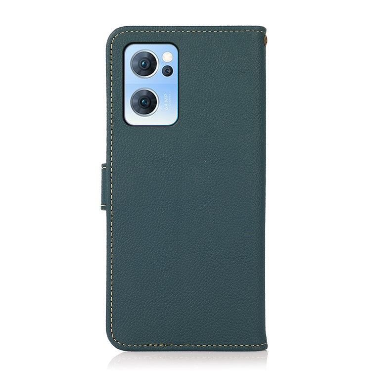 KHAZNEH RFID Blocking Top Layer Genuine Leather Wallet Case Shockproof TPU Shell with Stand for Oppo Reno7 5G (China) - Green