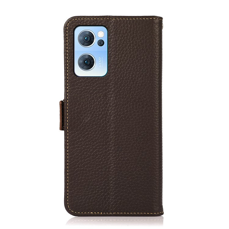 KHAZNEH RFID Blocking Wallet Phone Case Litchi Texture Top Layer Genuine Leather Stand Cover for Oppo Reno7 5G (China) - Brown