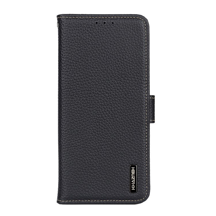 KHAZNEH Litchi Texture Top Layer Genuine Leather Cover Flip Book Stand Shockproof Wallet Phone Case for Oppo Reno7 5G (China) - Black