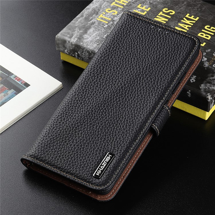 KHAZNEH Litchi Texture Top Layer Genuine Leather Cover Flip Book Stand Shockproof Wallet Phone Case for Oppo Reno7 5G (China) - Black