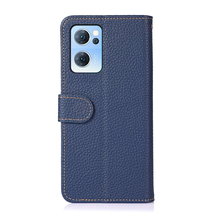 KHAZNEH Litchi Texture Top Layer Genuine Leather Cover Flip Book Stand Shockproof Wallet Phone Case for Oppo Reno7 5G (China) - Blue