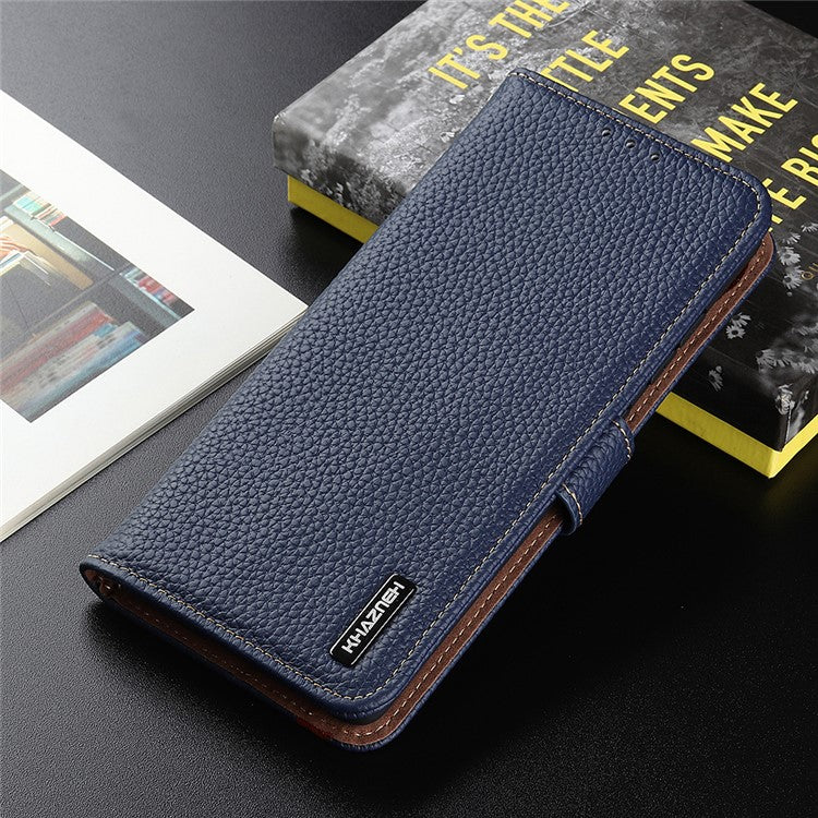 KHAZNEH Litchi Texture Top Layer Genuine Leather Cover Flip Book Stand Shockproof Wallet Phone Case for Oppo Reno7 5G (China) - Blue
