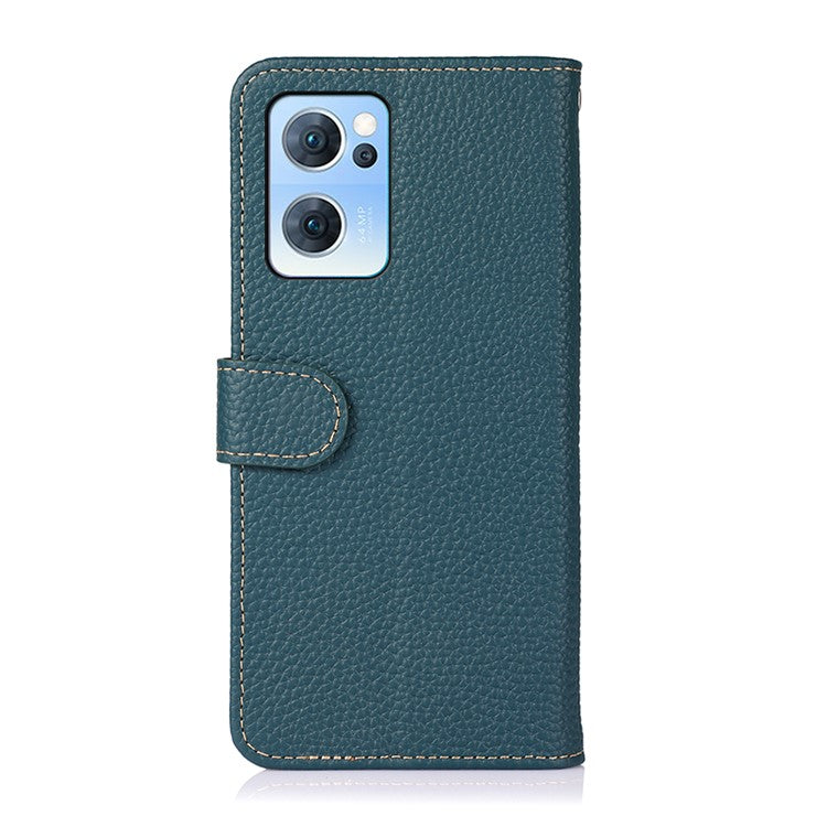 KHAZNEH Litchi Texture Top Layer Genuine Leather Cover Flip Book Stand Shockproof Wallet Phone Case for Oppo Reno7 5G (China) - Green
