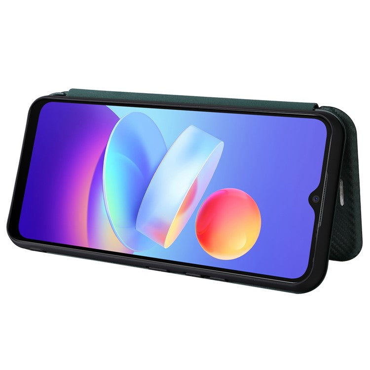 Carbon Fiber Texture Magnetic Auto Closing PU Leather Phone Case Cover with Stand and Card Slot for vivo Y3s (2021) - Green