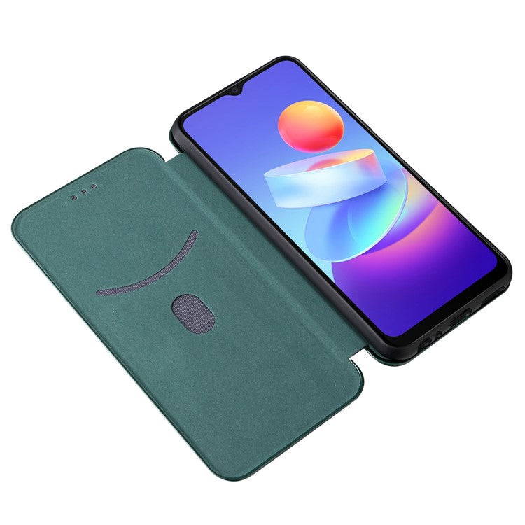 Carbon Fiber Texture Magnetic Auto Closing PU Leather Phone Case Cover with Stand and Card Slot for vivo Y3s (2021) - Green