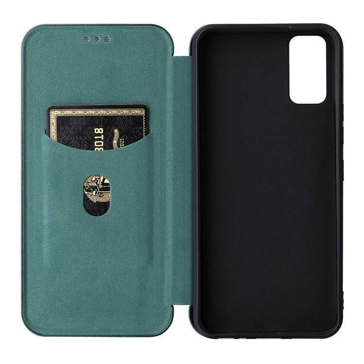 Carbon Fiber Texture Magnetic Auto Closing PU Leather Phone Case Cover with Stand and Card Slot for vivo Y3s (2021) - Green