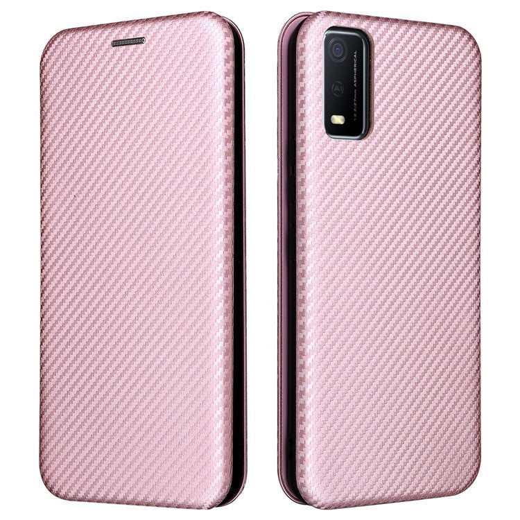 Carbon Fiber Texture Magnetic Auto Closing PU Leather Phone Case Cover with Stand and Card Slot for vivo Y3s (2021) - Rose Gold