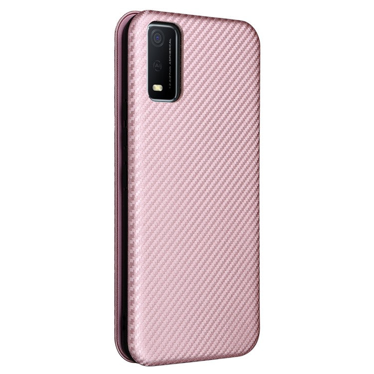 Carbon Fiber Texture Magnetic Auto Closing PU Leather Phone Case Cover with Stand and Card Slot for vivo Y3s (2021) - Rose Gold