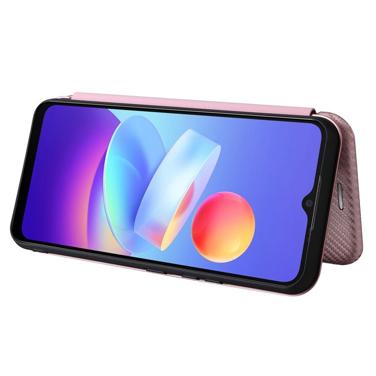 Carbon Fiber Texture Magnetic Auto Closing PU Leather Phone Case Cover with Stand and Card Slot for vivo Y3s (2021) - Rose Gold