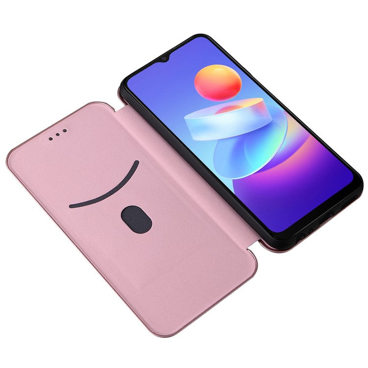 Carbon Fiber Texture Magnetic Auto Closing PU Leather Phone Case Cover with Stand and Card Slot for vivo Y3s (2021) - Rose Gold